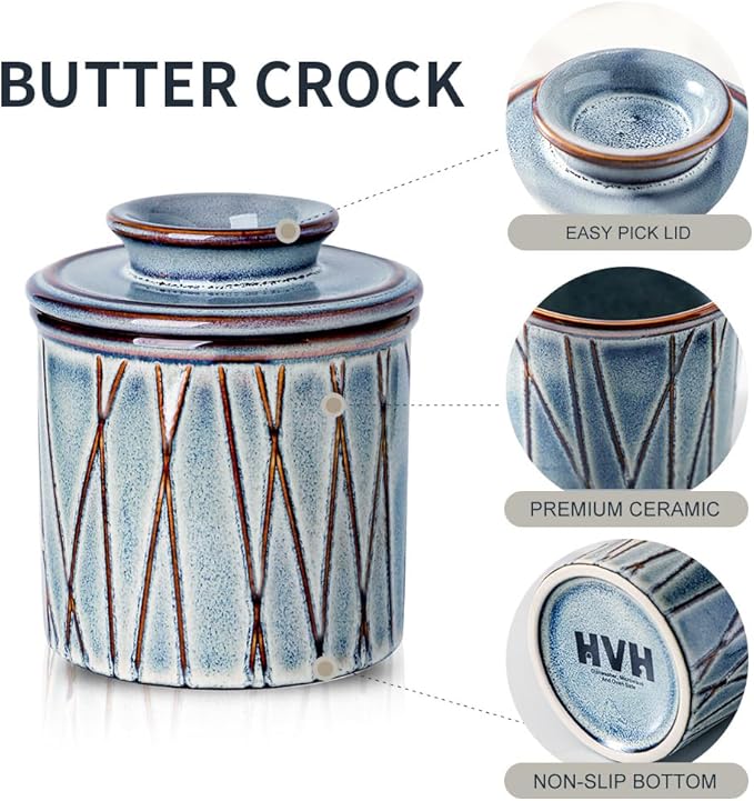 HVH Ceramic Butter Crock, French Butter Dish with Lid for Countertop, Butter Crock with Water, Butter Keeper for Counter, Butter Holder for Soft Butter (Wabi sabi)