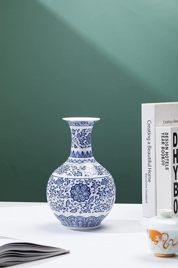 Blue and White Vase, Blue Vase, Chinoiserie Vase, Blue and White Ginger Jar Vase for Home Decor, Blue and White Porcelain Decor,9½"H