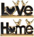 Ceramic Love & Home Sign Decor with Bird Statues Set 2,10" Modern Black Gold Tabletop Sculptures for TV Stand,Floating Shelf & Entryway,Romantic Wedding & Warm Housewarming Gift Set (Black)