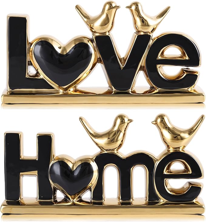 Ceramic Love & Home Sign Decor with Bird Statues Set 2,10" Modern Black Gold Tabletop Sculptures for TV Stand,Floating Shelf & Entryway,Romantic Wedding & Warm Housewarming Gift Set (Black)