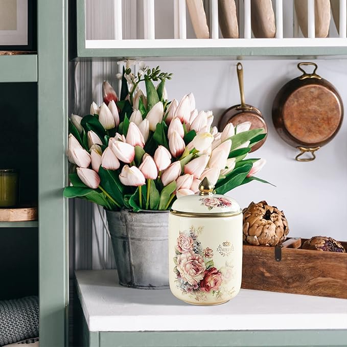 fanquare Porcelain Tea Canister, Normal Size Ceramic Jar, Vintage Gold Floral Countertop Container for Sugar, Tea, Coffee