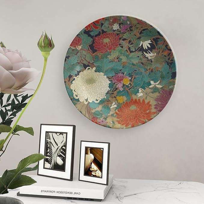 Oriental Floral Chinoiserie Plates Ceramic, Chinoiserie Peony Floral Customize Ceramic Hanging Decorative Plate for Farmhouse Club Decor, Unique Art with Stand Art Decorations for Kitchen Wedding