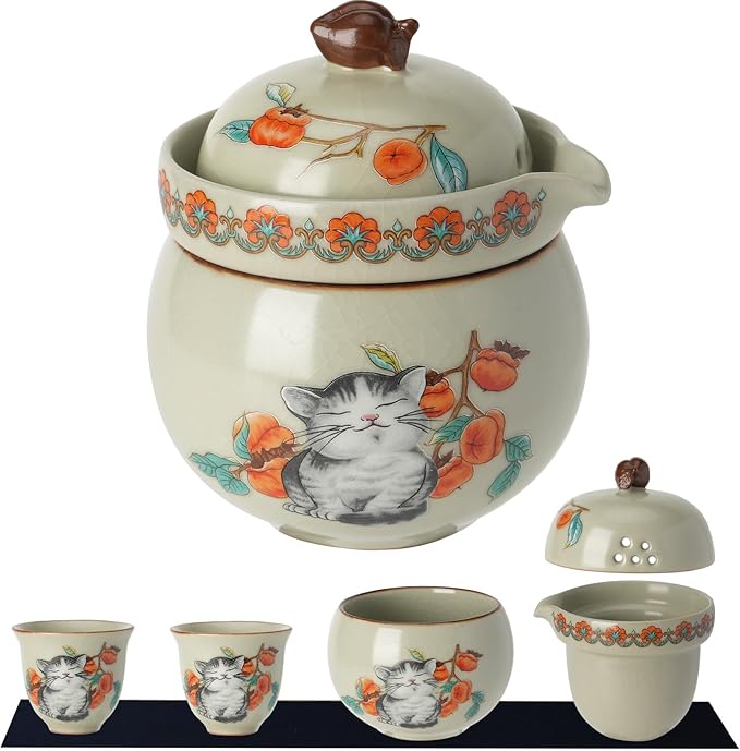 Mini Tea Cups,Cute Lucky Cat Cups,Small Tea Mugs,Porcelain Gongfu Tea set with 3 in 1,Tea Sets for Adults,Ceramic Tea Infuser Cup for Loose Leaf for Women/Tea Lovers/Birthday/Easter's Day (Green)