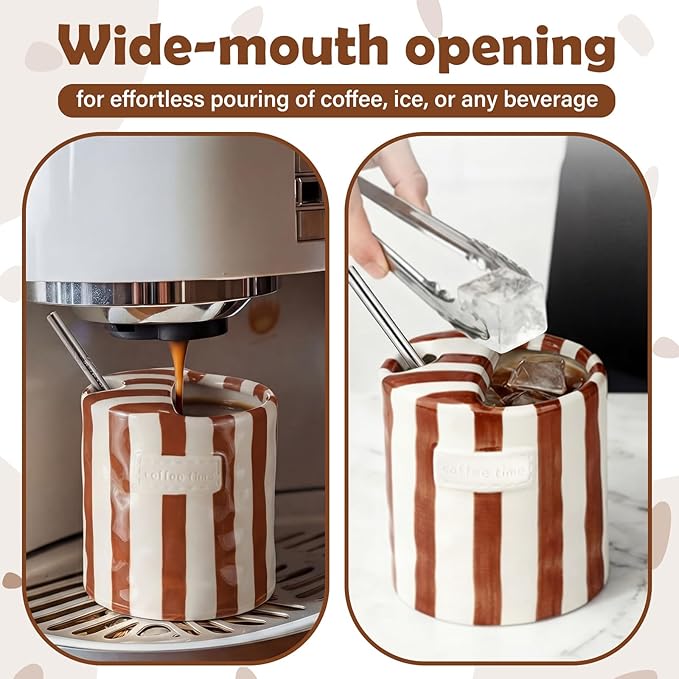 1 Pack Ceramic Coffee Mug with Sip Hole Espresso Cup 10oz with Straws Retro Hand Painted Striped Porcelain Coffee Tea Cup Cappuccino Latte Mug for Kitchen Dining Travel (Brown)