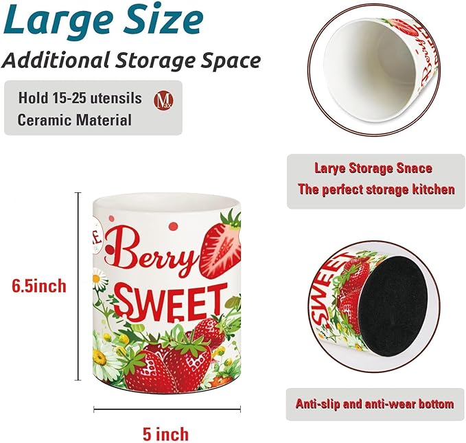 Strawberry Kitchen Decor, 6.5inch Ceramic Utensil Holder with Strawberry Design, Rustic-Style Indoor Kitchen Utensil Storage Rack, Ideal for Spoon Storage and Cooking Tools, Gift for Kitchen Organizer