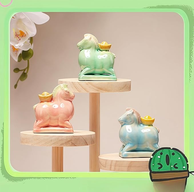 Chinese Style Sculpture Ceramic Statue of A Fat Horse with Ingots On Its Back, Desktop Ornament, Sky Blue