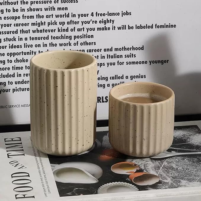 Nordic Ceramic Mug, Japanese Tea Cup 10oz Striped Cup No Handle Drinking Cup for Latte Milk Water Beverage Juice Microwave and Dishwasher Safe (Nordic White)