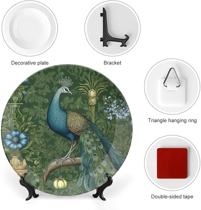 Aqua And Green Chinoiserie Fashion Plates of 6", 7", 9", 10", Personalized Peacock Handmade Decorative Plate, Table Art Decoration Decorations Wedding, with Display Stand And Hook Up