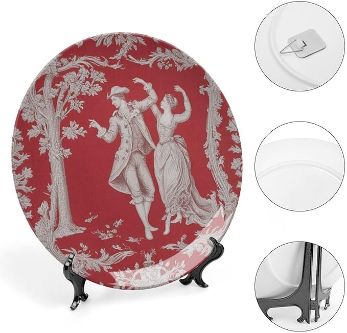 Red And White Toile China Plates, Chinoiserie Toile Personalized Wall Decorative Plate for Wall Office Housewarming Gifts Decor, with Vertical Stand Art Decorations for Table Home