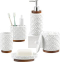 Elegant 5 PCS Ceramic&Wood Bathroom Accessories Set:Soap Dispenser,Toothbrush Holder,Tumbler,Soap Dish,Cotton Swab Jar,Easy to Clean,Quatrefoil Pattern,White-Affordable Home Luxury