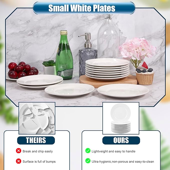 IJRPLM12 Pcs Porcelain Dessert/Salad Plate,Small Appetizer Plates,7 inch Small White Plates,Ceramic Dessert Plate Set,Microwave Oven and Dishwasher Safe