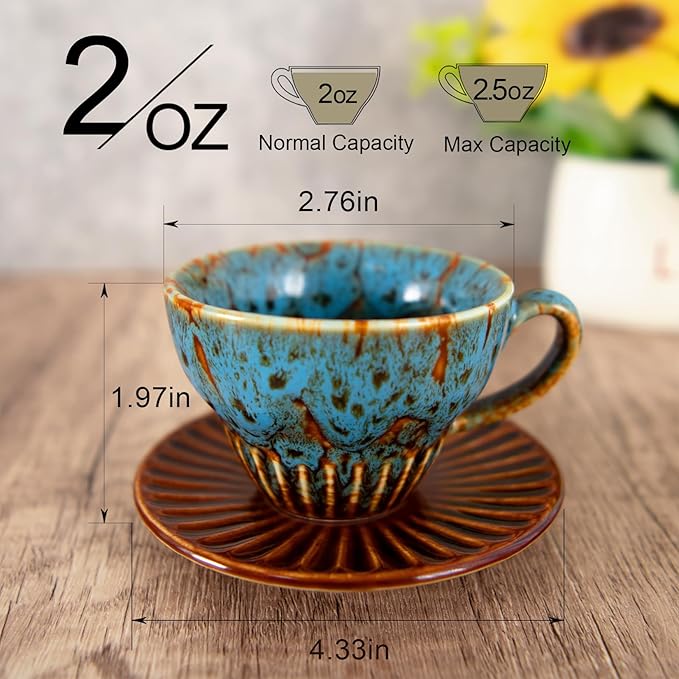 2 oz Espresso Cups Set of 6, Ceramic Cappuccino Cups with Saucers, Stackable Coffee Cup for Macchiato, Single shot, Tea, Coffee Lover Gifts, Glazed Blue