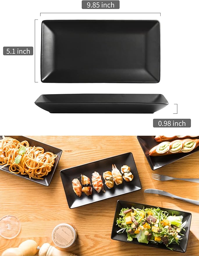 LAUCHUH Serving Platters, 10” Porcelain Serving Tray Sushi Plates Rectangular Platters for Christmas, Thanksgiving, Sushi, Dessert Cake, Appetizers, Meat, Set of 4, Black
