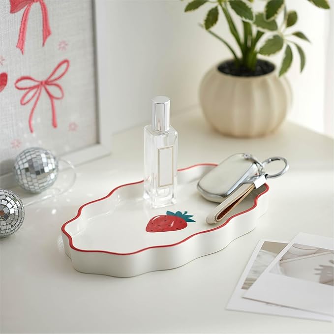 Ceramic Trinket Tray with Strawberry Design, Scalloped Edge Jewelry Dish for Vanity, Bathroom, and Desk, Small Catchall Container for Rings, Earrings, Coins, and Paper Clips
