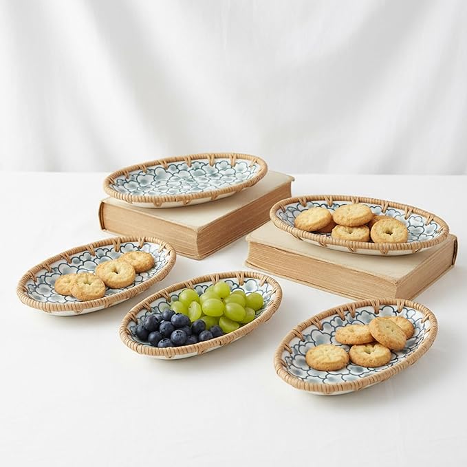 Rattan Ceramic Tray, Oval Fruit/Bread/Cookie/Jewelry Small Storage Porcelain Serving Plate, Vintage Decorative Display Plate for Coffee Table Home Decor Wedding Party Gift (Dark Green Cloud)
