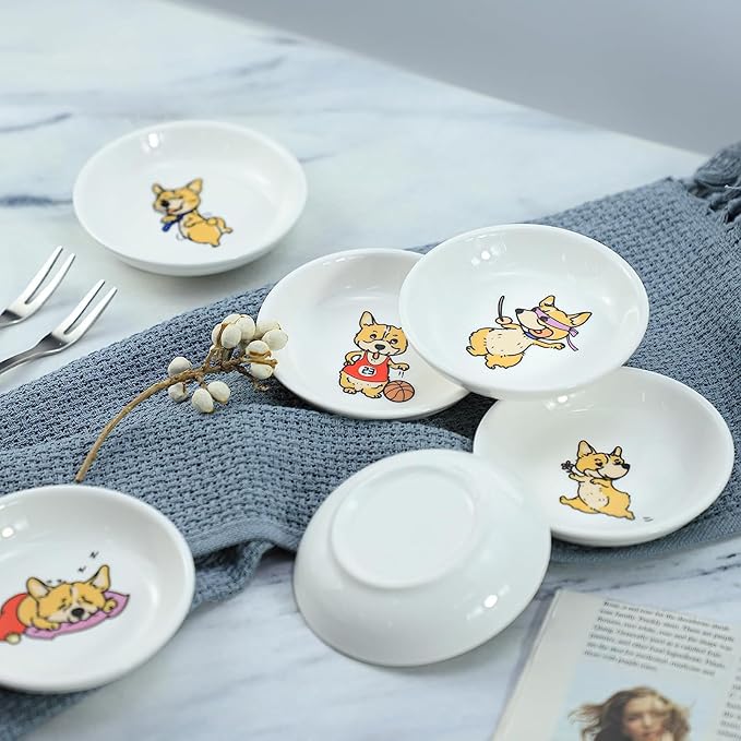 SOCOSY Super Cute Cartoon Animal Pattern Ceramic Sauce/Seasoning/Sushi Soy Dipping Bowl/Appetizer Plates/Serving Dish for Kitchen Home (Set of 6) - Corgi