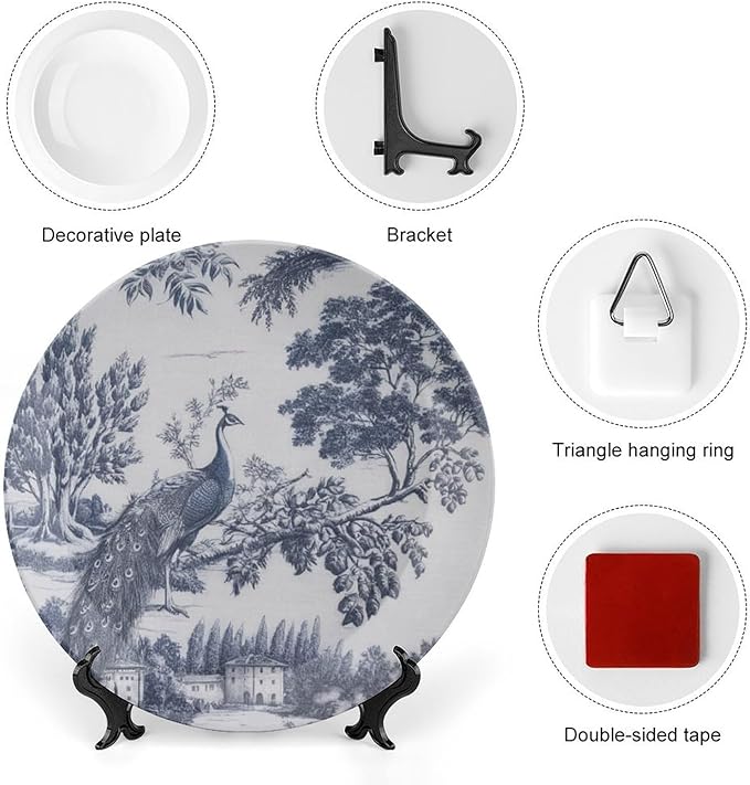 Blue And White Chinoiserie Peacock Plates Ceramic for Display Asin Blue Chinoiserie Bird Office Table Supplies Kitchen Display Holiday Party Decorations Custom Gifts for Men Women Birthday