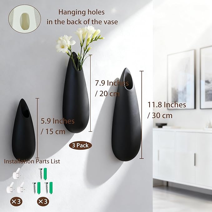 Sculptural Wall Ceramic Vase — 3 Pack Black Hanging Sconce Vase | Turn Flowers into Art — Decorative Ceramic Wall Sconce for Single Stem Displays