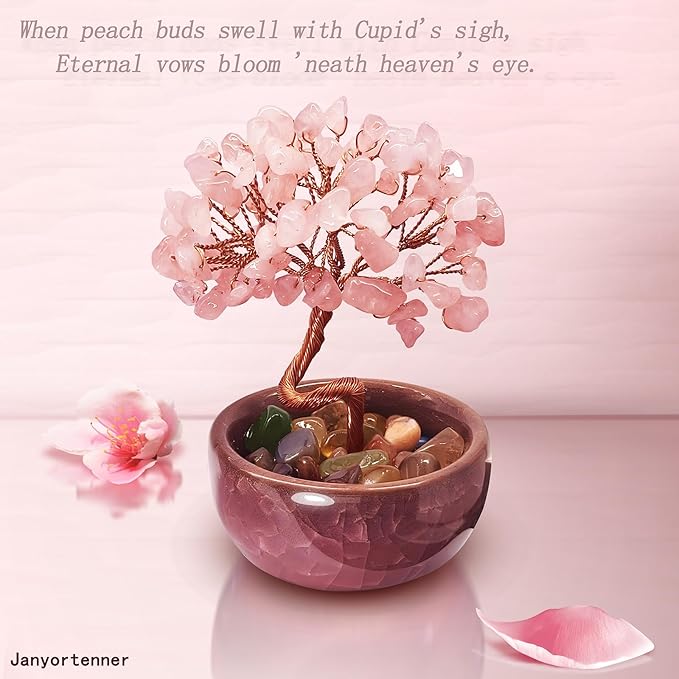 Rose Quartz Crystal Tree,Romantic Office Desk Bedroom Decor,Handmade Copper Wire in Crackle Ceramic Base,Spiritual Gift for Her