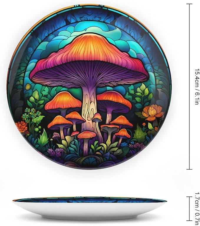 Decorative Plates, Forest Mushroom Stained Glass Painting Ceramic Dinner Plate Home Wobble-Plate with Display Stand, Wall Hanging Decor for Kitchen Household 6 Inch, Gifts for Mushroom Lovers