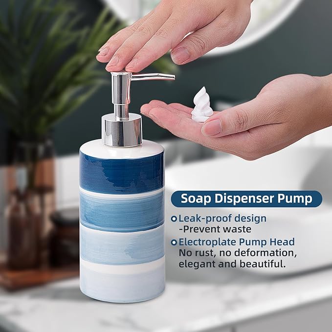 Bathroom Accessories Set, 4-Piece Blue Ceramic Bathroom Decorations Accessories Set, Contain Toothbrush Cup, Soap Dispenser, Soap Dish, Tumbler