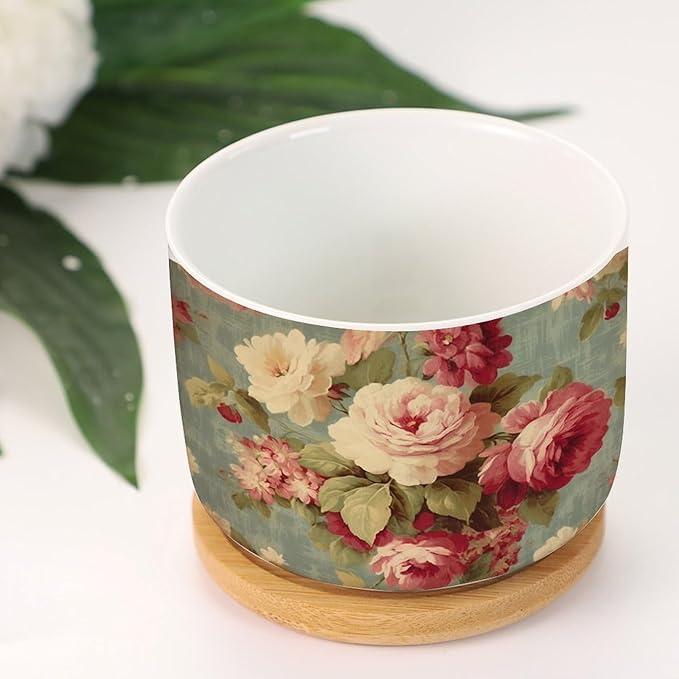 Set of 3 Cottage Chic Antique Pink Flower Small Succulents Pots Pink Cabbage Roses Romantic Planters Ceramics with Drainage Holes Chinoiserie Asian Cactus Planter for Indoor
