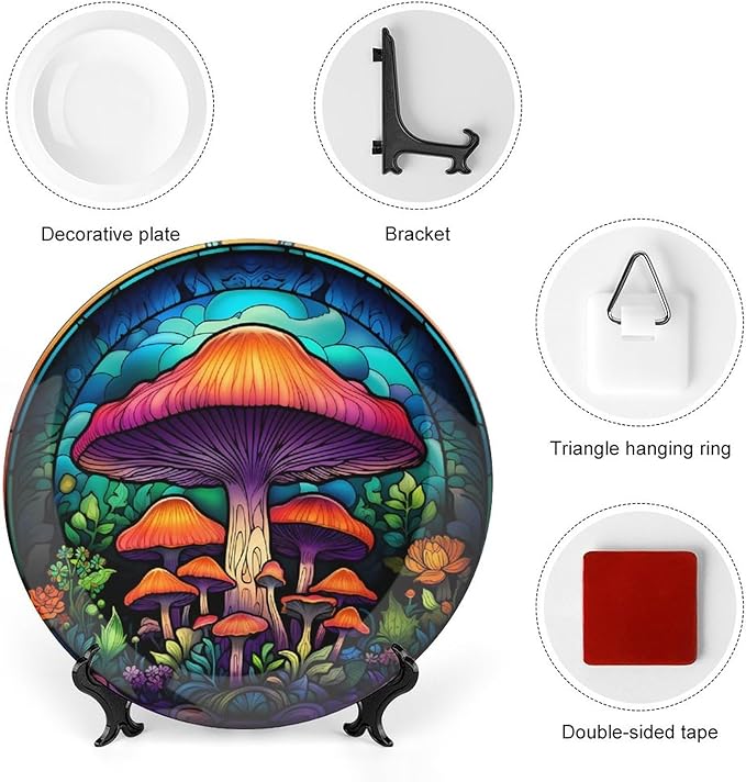Decorative Plates, Forest Mushroom Stained Glass Painting Ceramic Dinner Plate Home Wobble-Plate with Display Stand, Wall Hanging Decor for Kitchen Household 6 Inch, Gifts for Mushroom Lovers