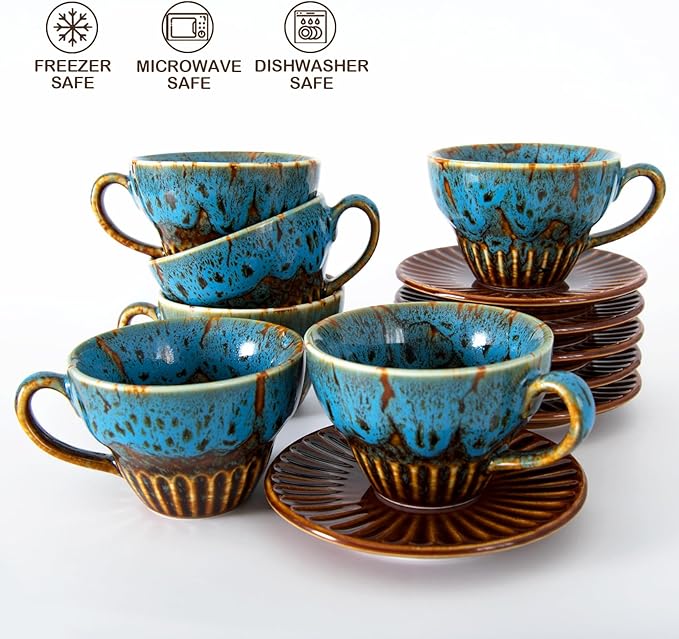 4 oz Espresso Cups Set of 6, Ceramic Cappuccino Cups with Saucers, Stackable Coffee Cup for Macchiato, Double shot, Tea, Coffee Lover Gifts, Glazed Blue