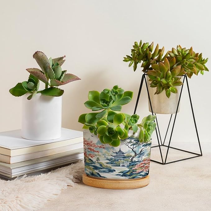 DreamAutumn Chinoiserie White Blue Asian Ceramic Pots for Plants with Drainage Holes Round Flower Pot Bamboo Tray Orchid Pot Succulents Pots for Outdoor Indoor Plants,Housewarming Gifts
