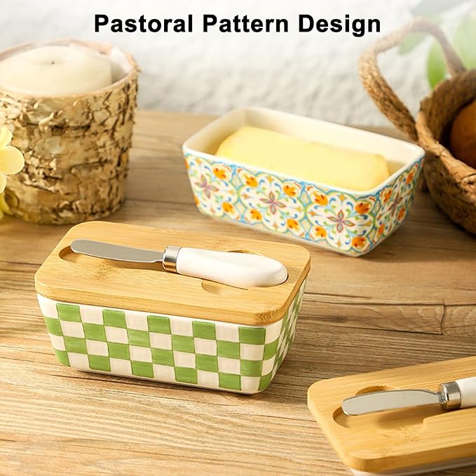 Butter Dish with Lid and Knife – 350ml Ceramic Butter Container with Bamboo Lid, Floral Cottage-Style Pattern, Airtight Butter Keeper for Countertop or Fridge, Farmhouse Kitchen Decor (Print-3)