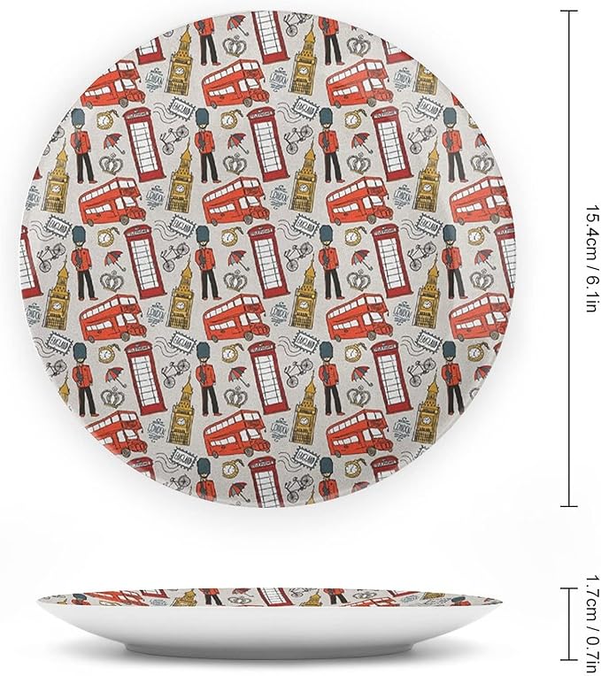 XISUNYA 7 Inch Decorative Plate, London Ceramic Stoneware, Doodle English Icons Crown London Print Ceramic Wall Hanging for Fine Dining Upscale Events, Dinner Parties, Weddings, Catering, Multicolor