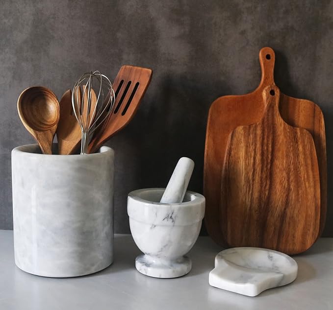 HillSpring Large Marble Kitchen Utensil Holder for Countertop, Tool Organizer with Protective Padded Base, Farmhouse Decor Gift, Wine Chiller Bucket, 6.4", Grey