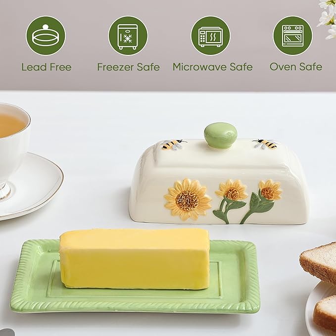 Fungi Fun Ceramic Butter Dish with Lid for Countertop – Decorative Sunflower and Mushroom Design, Unique Sunflower Kitchen Accessories, Cute Butter Dish with Cover for Countertop, Holds 2 Sticks
