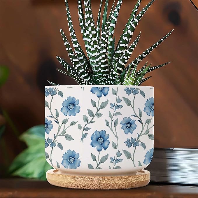 Mughal Flower Small Ceramics Pots Set of 2 Watercolor Blue Mughal Floral Ceramics Pots for Plants with Drainage Bamboo Trays Asian Scenery Chinoiserie Succulent Pot for Indoor