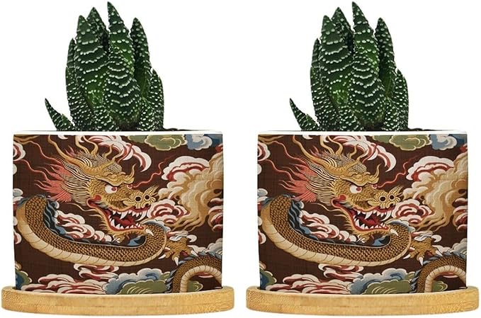 Chiang Dragon Planter Ceramic Chinoiserie Asian Round Plant Pots with Drainage Holes and Bamboo Tray Pot for Pots Outdoor Indoor Plants