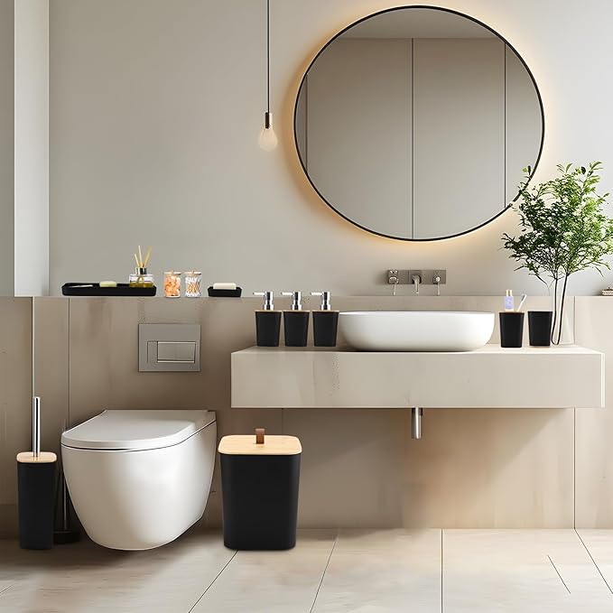 Black Bathroom Accessories, Bathroom Accessories Set with Trash Can, Soap Dispenser, Toothbrush Holder, Toothbrush Cup, Soap Dish, Toilet Brush, Tray and Q-tip Holders for Housewarming