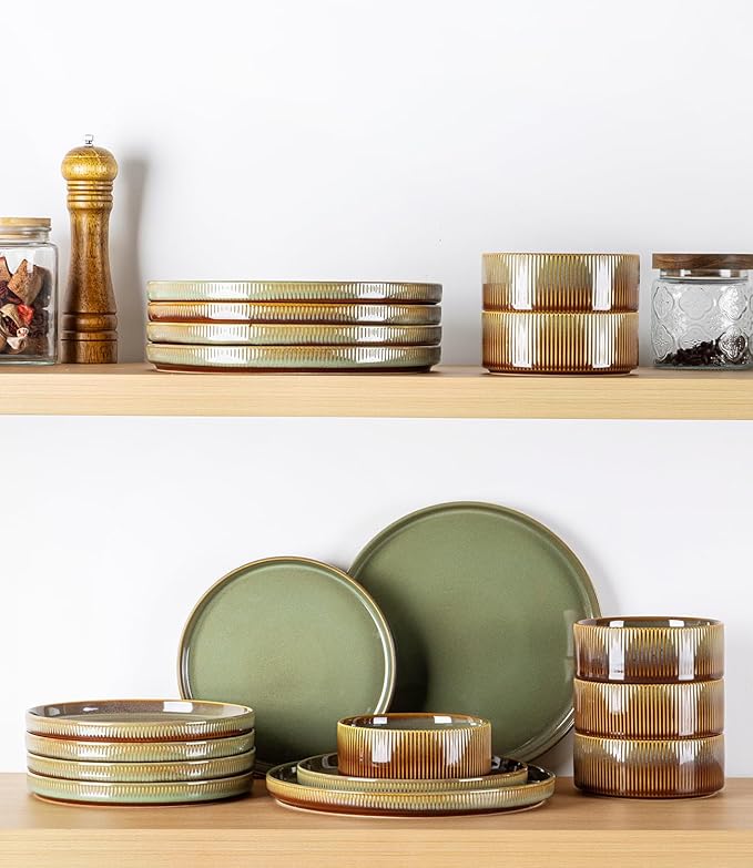TheTerra Ceramic Dinnerware Sets with Pasta Bowls for 4, 16 Pieces Porcelain Lightweight Plates and Bowls Sets, Scratch Resistant Dish Set, Oven & Microwave & Dishwasher Safe, Sage Umber