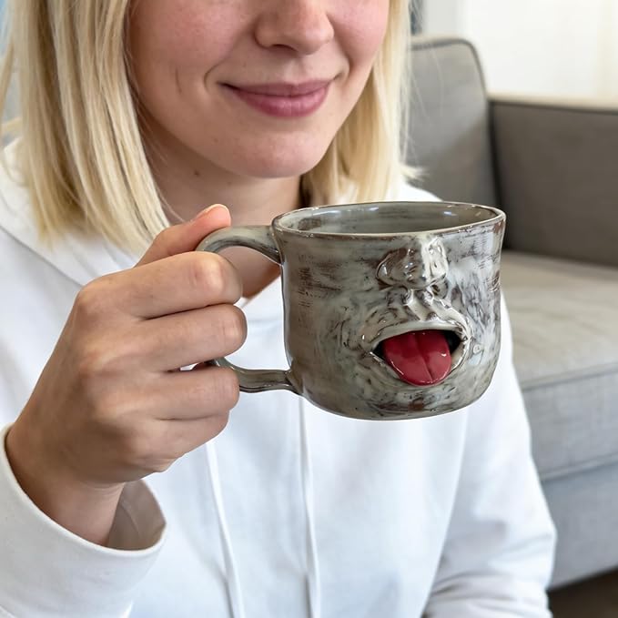 Handmade Face Shaped Ceramic Mug,Funny Tongue Out Facial Ceramic,Artistic Sculptural Facial Mug Cup,Unique Artisanal Pottery Mug,Novelty faces Gag Gifts for Friends Desk Decor.