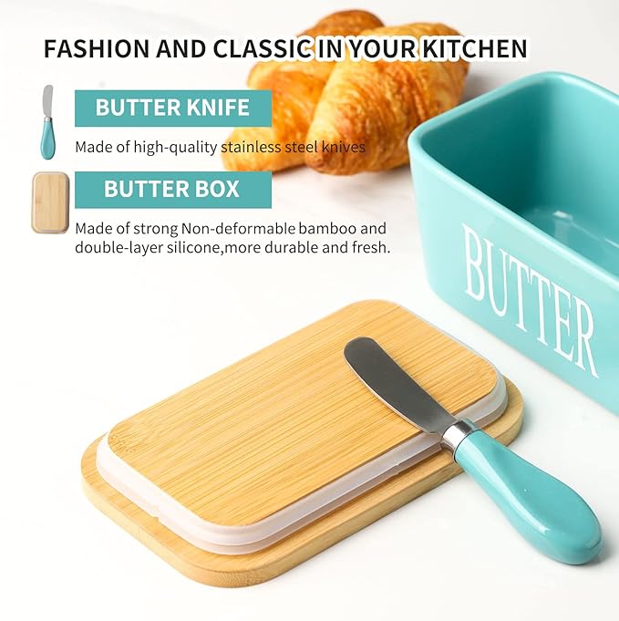 Hasense Butter Dish, Ceramic Butter Container with Lid Holds For Countertop, Large Butter Holder with Knife Spreader for Counter, Silicone Sealing Butter Keeper with Cover for Kitchen,Turquoise