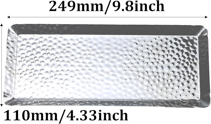 10x4inch Hammered Rectangular Tray, Stainless Steel Decorative Serving Tray, Silver Platter for Kitchen, Bathroom, Bar, Vanity Storage