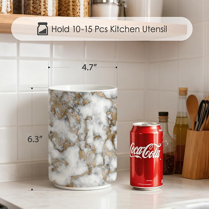 Marble utensil holder,Countertop Ceramic Utensil Holder,Large Cooking Utensil Crocks for Kitchen Counter Decor, Ceramic Vase for Kitchen Utensils, H6.3 xD4.7(marble)