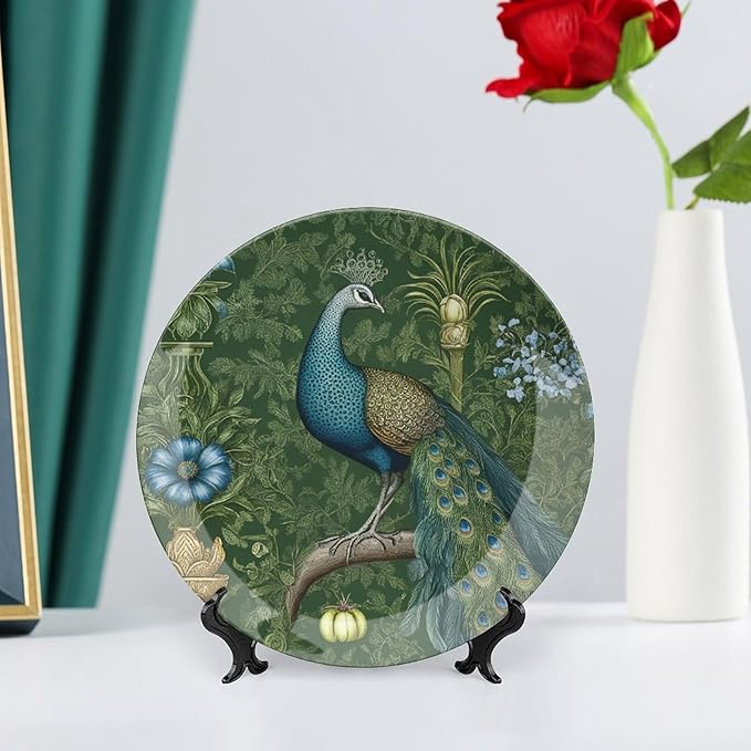 Aqua And Green Chinoiserie Fashion Plates of 6", 7", 9", 10", Personalized Peacock Handmade Decorative Plate, Table Art Decoration Decorations Wedding, with Display Stand And Hook Up