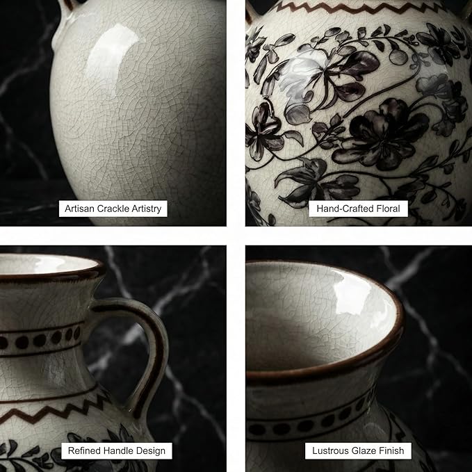 EFISPSS Ceramic Vintage Vase,Chinoiserie Rustic Farmhouse Floral Spring Decor for Home Decor Living Room Fireplace Office, Grey 8.4In