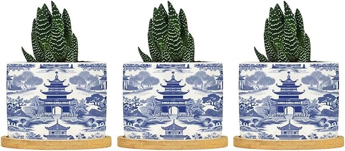 Chinoiserie Blue Asian Planters Ceramic Chinoiserie Chic Asian Round Flower Pots with Drainage Holes and Bamboo Tray Pot for Home Office Decoration