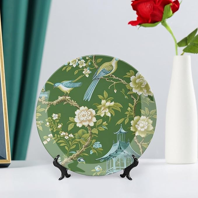 Pagoda Garden Imperial Green Chinoiserie Peacock Vintage Plates, Border in Chinoiserie Style with Herons Peacock Wall Hanging Decorative Plate for Wall Table Decor, Including Bracket Art Decor