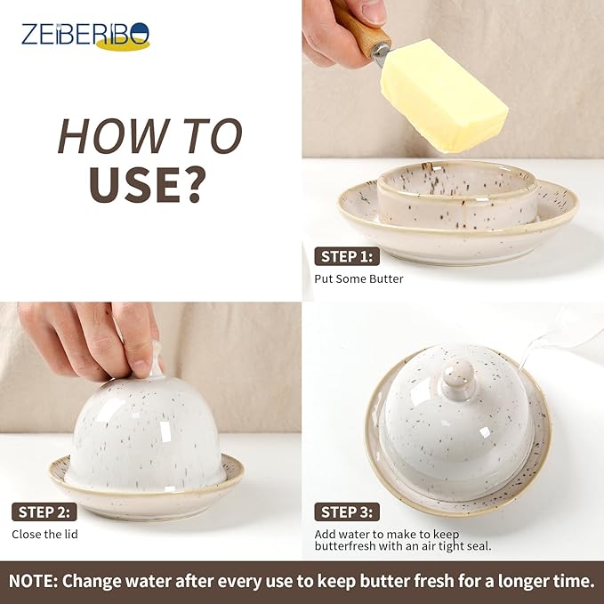 Butter dish, Ceramic Small Butter Dish with Lid, 2026 NEW Original Design Mini Butter Crock Keeper with Handle, 17 OZ Mini Butter Container Cover and Water Sealing 2 Ways Sealing (Speckled Off-White)