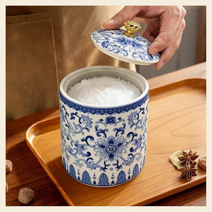 Vintage Blue and White Salt Cellar with Lid - Airtight Ceramic Spice Jar, Kitchen Countertop Storage Container for Salt, Pepper & Seasonings