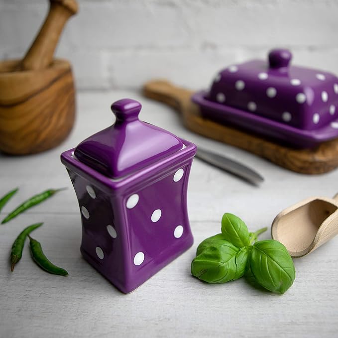 City to Cottage Handmade Small 5.3oz/150ml Ceramic Kitchen Herb, Spice, Storage Jar with Lid, Pottery Canister, Housewarming Gift (Purple Polka Dot)