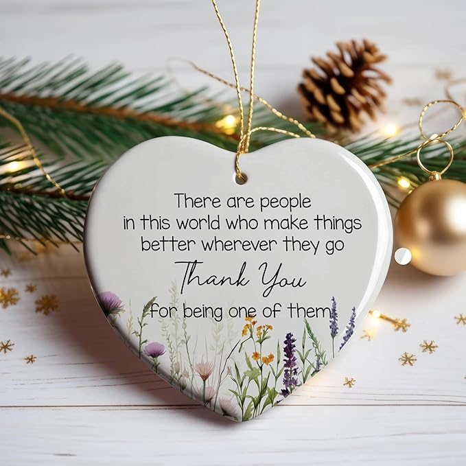 NGHYANA Christmas Tree Ornaments 2025 Heart Shaped Ceramic Thank You Ornament with Wildflower Design – 3.1 Inch Hanging Gift for Appreciation, Gratitude, Teachers, Friends, Coworkers