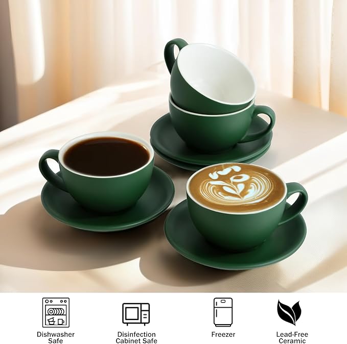 Yundu Matte Green Cappuccino Cups Set of 4-10oz Ceramic Latte Mugs with Saucers, Elegant Espresso Cups for Coffee & Tea